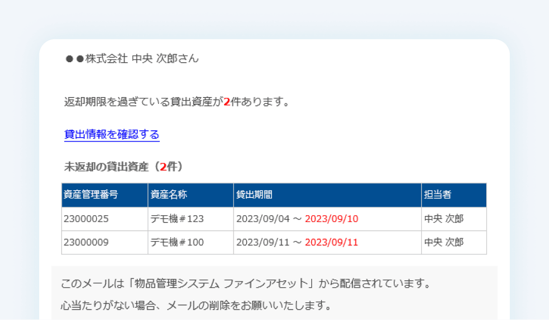 未返却のアラート通知